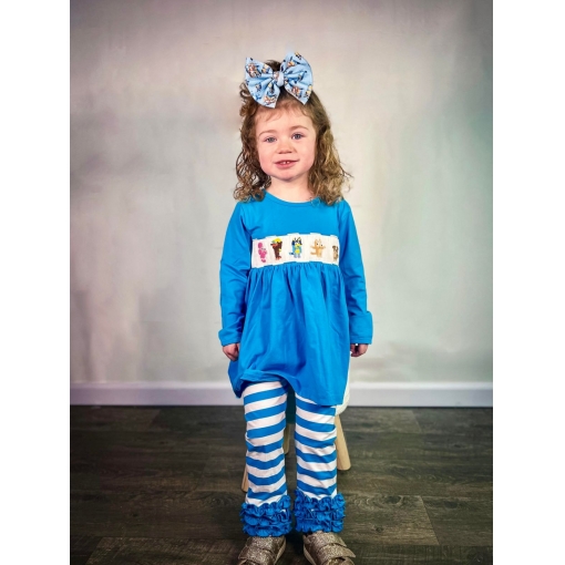 2 Piece Smocked Set Animal In Blue For Girl