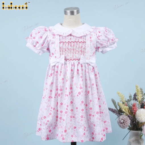 Geometric Smocked Belted Dress Red Flower On White For Girl - BB3288