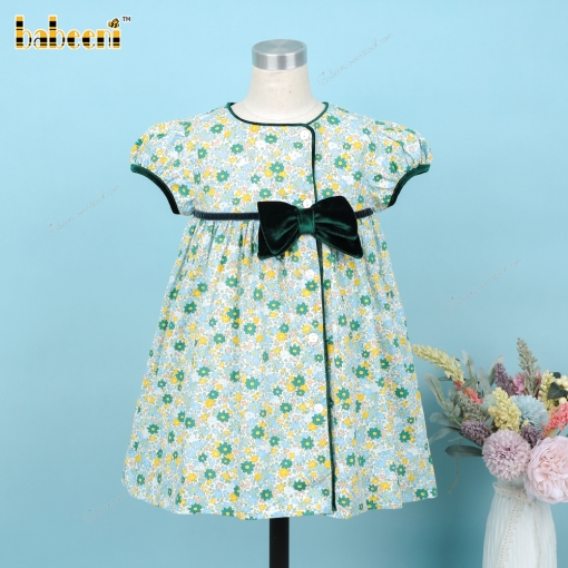 Green Floral Dress Velvet Accent For Girl - BB3344A