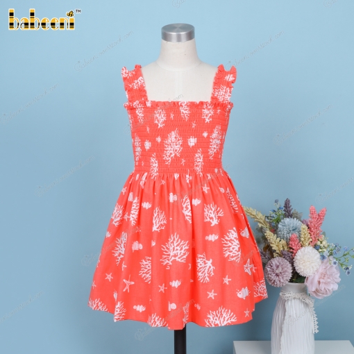 Shirred Dress In Orange White Coral For Girl - BB3262