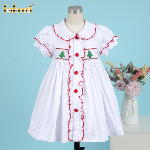 Girl Hand Smocked Christmas Theme In White - BB3371