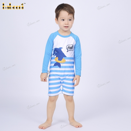 Set Swimwear For Boys Spring-Summer prints with a blue dolphin says Hello - BB3502