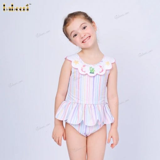 1-pieces Swimwear For Girl Spring-Summer prints hand embroidery mermaid, seaweed and starfish  - BB3516