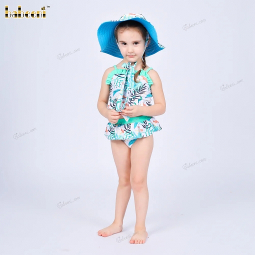 2-pieces Swimwear For Girl Spring-Summer with light green tropical leaf pattern - BB3526