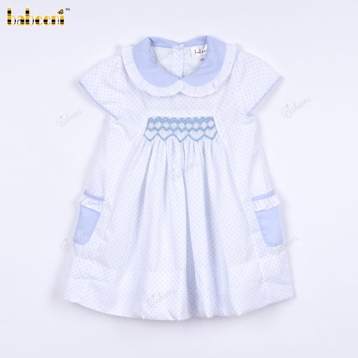Geometric Smocked Dress Blue White Dots For Girl - BB3163