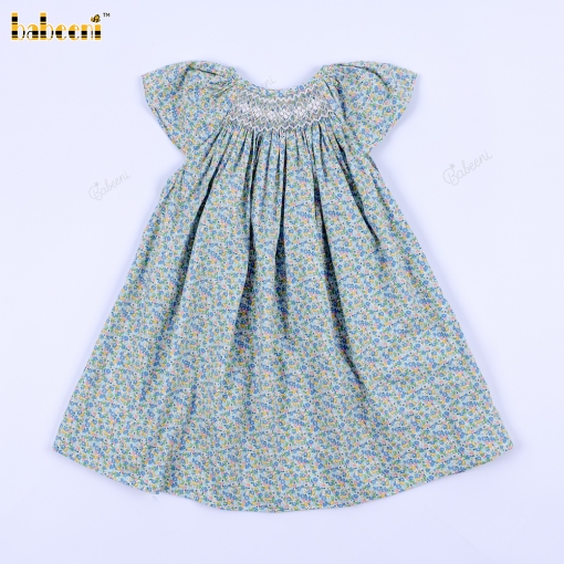 Geometric Smocked Dress Blue Green Floral For Girl - BB3357A