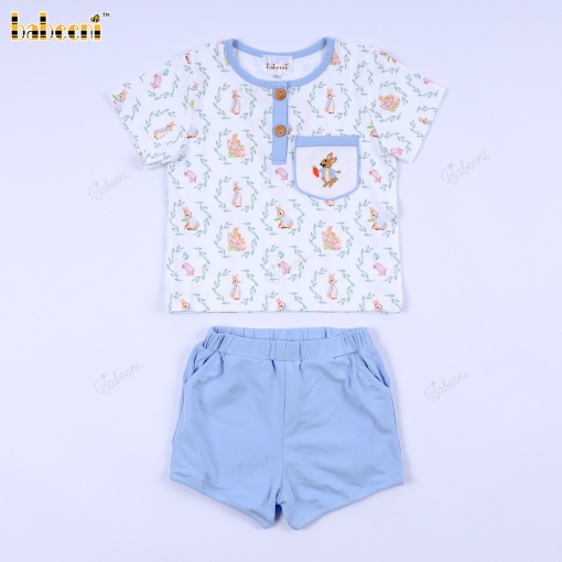 2 Pieces Rabbit Embroidery Blue On  White For Boy - BB3126A