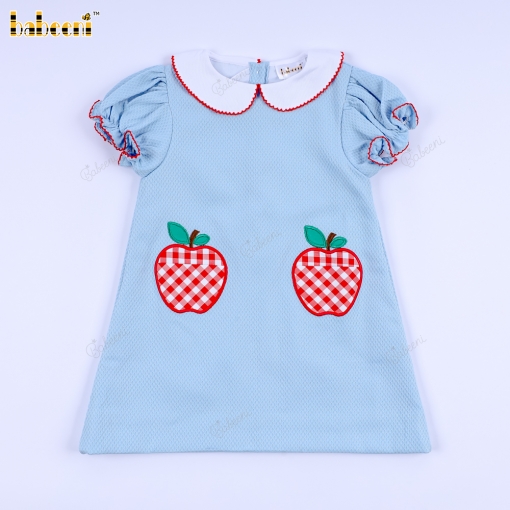 Girl Dress In Blue With Apple Embroidered - BB3422A