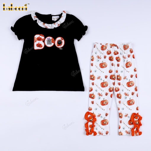Appliqued Boo Halloween and pumkin printed girl set - BB3406