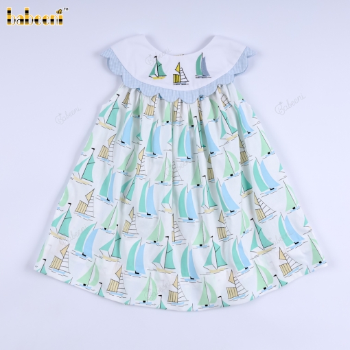 Baby Dress with Embroidered Sailboat Pattern- BB3569