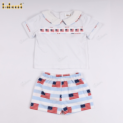 Set includes a crew neck t-shirt and shorts with an American flag print.- BB3578