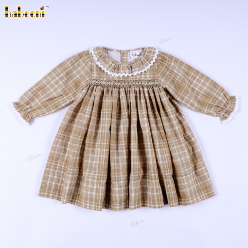 Beige Plaid Long-Sleeve Smocked Dress for Baby Girls- BB3590