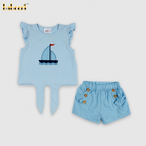 Set includes a T-shirt with embroidered sailboat and checkered shorts.- BB3563