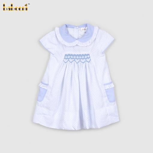 Geometric Smocked Dress Blue White Dots For Girl - BB3163