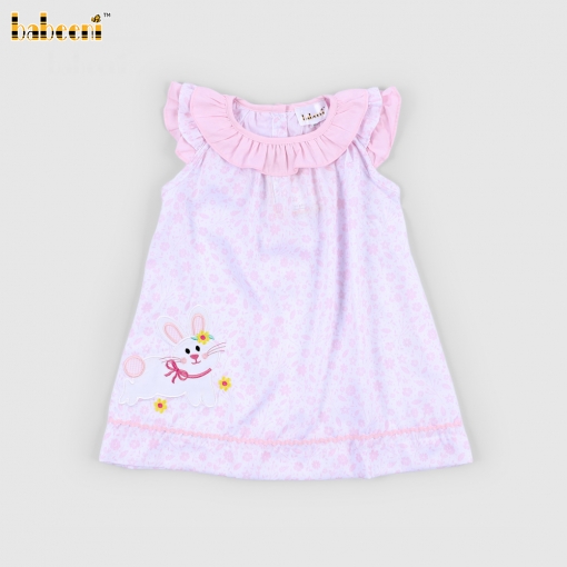Machine Embroidery Bunny Dress In Pink For Girl - BB3246A