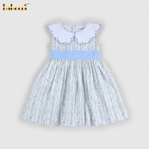 Plain light blue dress with floral pattern, for girls - BB3553