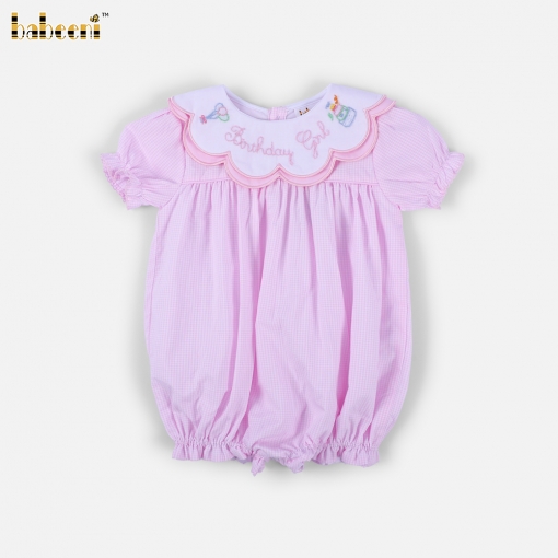Birthday Girl Pink Gingham Scallop Collar Bubble Romper - BB3614