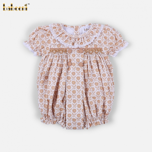 Golden Vintage Floral Puff-Sleeve Baby Bubble Romper - BB3622