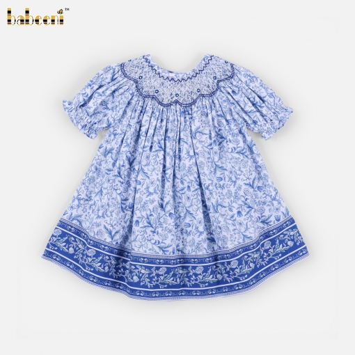 Blue Vintage Floral Puff-Sleeve Smocked Baby Dress - BB3624