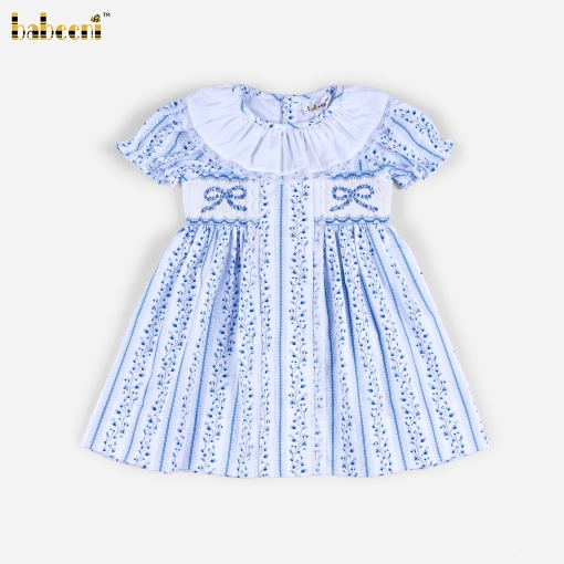Blue Floral Embroidered Puff-Sleeve Baby Dress with Ribbon Ties - BB3623
