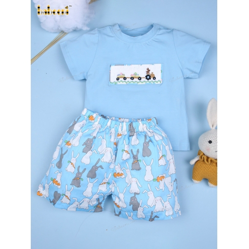 Smocked Easter bunny and eggs blue boy set - BB1814