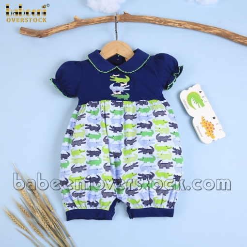 Applique crocodile girl bubble short sleeve navy and print - BB2257