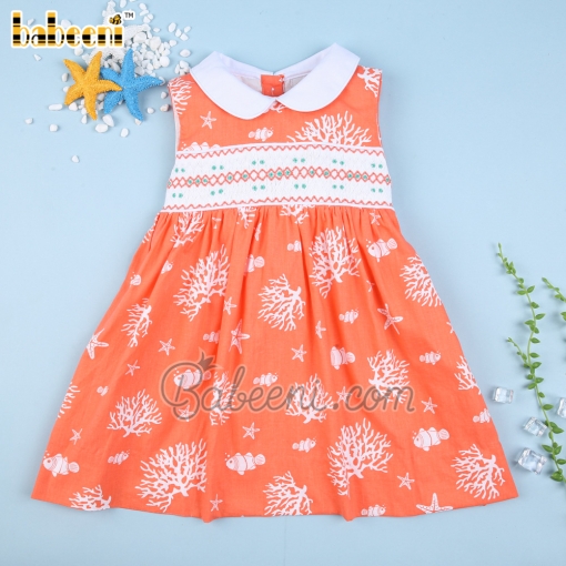 Living coral little girl smocked dress-BB2566