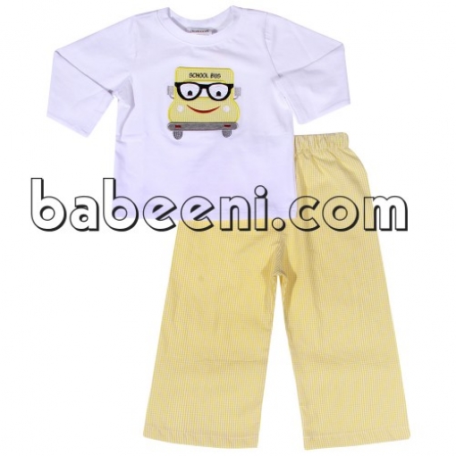 Nice schoolbus applique long set for boys - BB718B
