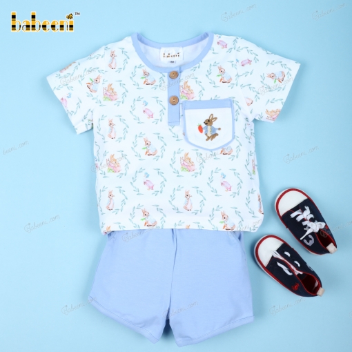2 Pieces Rabbit Embroidery Blue On  White For Boy - BB3126A