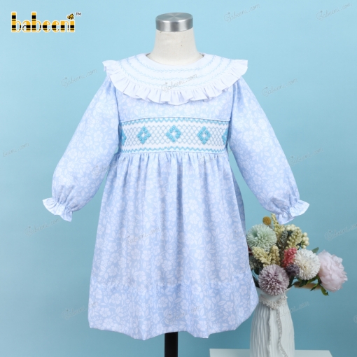 Geometric Smocked Belted Dress In Blue For Girl - BB3203A