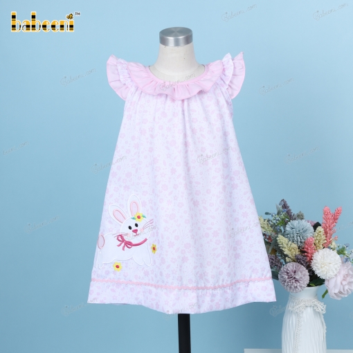 Machine Embroidery Bunny Dress In Pink For Girl - BB3246A