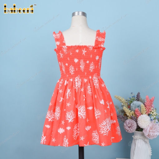 Shirred Dress In Orange White Coral For Girl - BB3262A