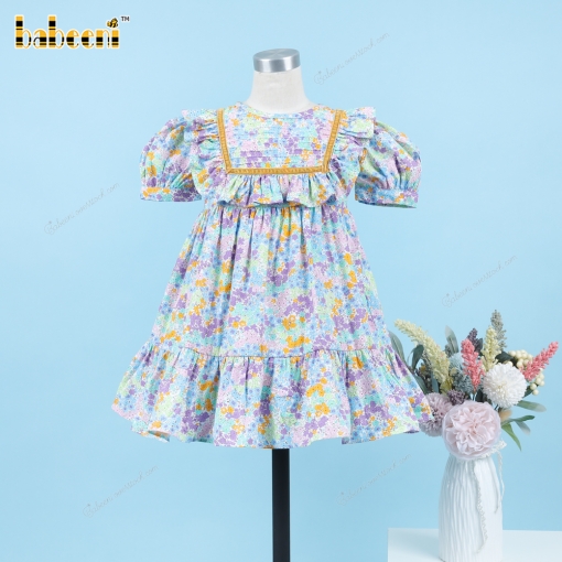 Blue Yellow Floral Plain Dress For Girl - BB3303