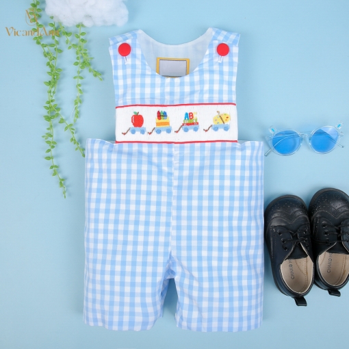 Adorable smocked shortall back to school blue check - BB2154B