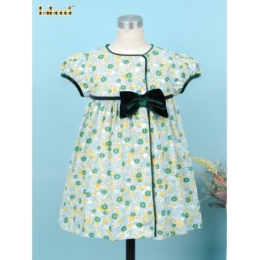 Green Floral Dress Velvet Accent For Girl - BB3344