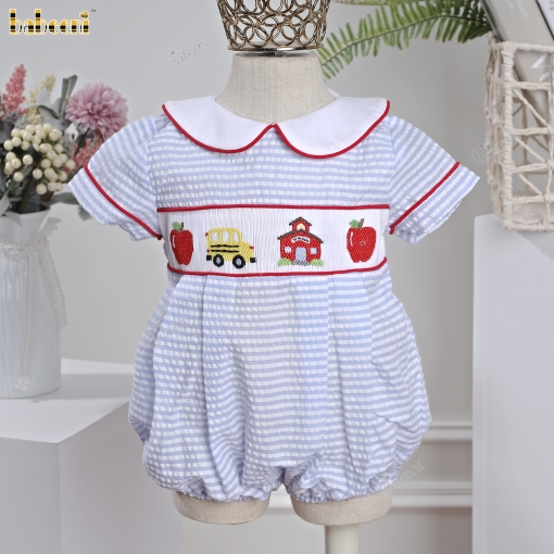 School bus smock boy bubble blue stripe seersucker - BB3389A