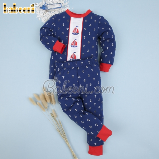 Nice embroidered boat boy navy long set - BB1906A