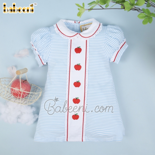 Red apple embroidery blue stripe knit girl dress - BB2161A