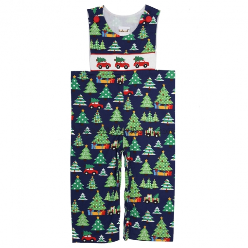 Christmas tree hand smocked boy longall - BB1516A