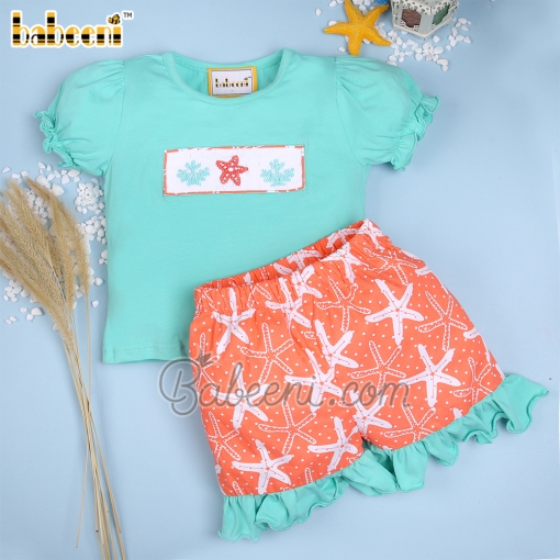 Short girl set mint coral smocked stafish - BB1836A
