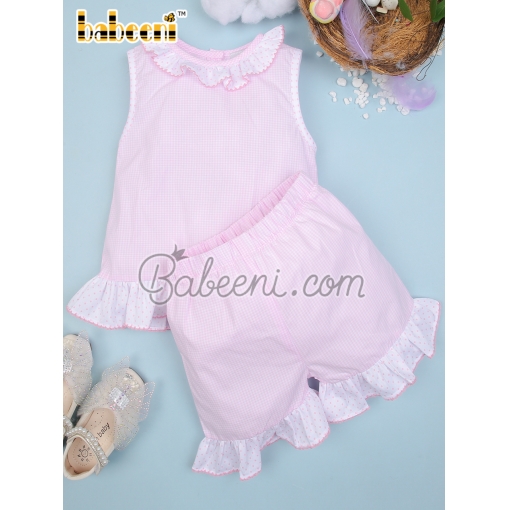 Pink gingham baby set clothing with ruffles on collar & top – BB2917