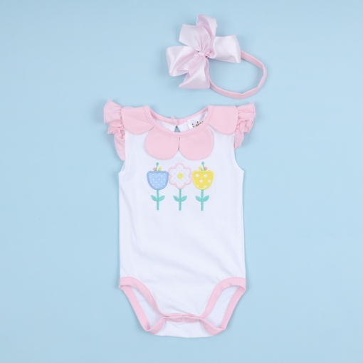 Applique Bodysuit Flowers And Pink Accent For Girl - BB3360