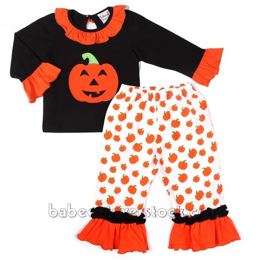 Appliqued pumpkin Halloween and pumkin printed girl set - BB812A