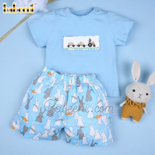 Smocked Easter bunny and eggs blue boy set - BB1814A